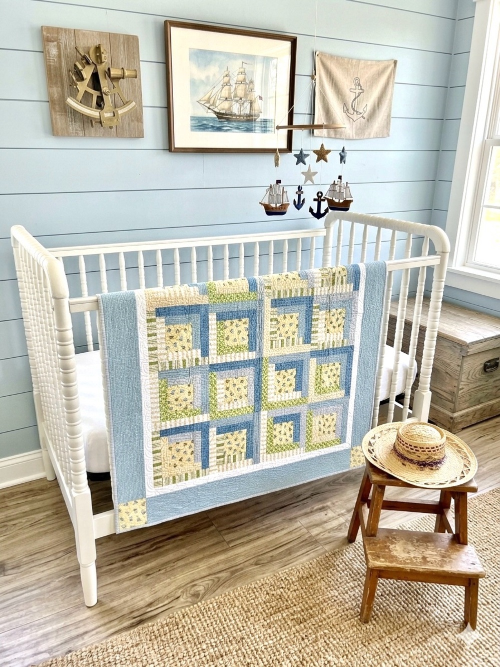 Artisan Sailor baby quilt/lap blanket Blue/Yellow/green Patchwork Quilt